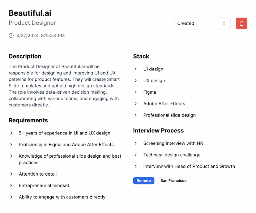 Example of AI prepared job summary